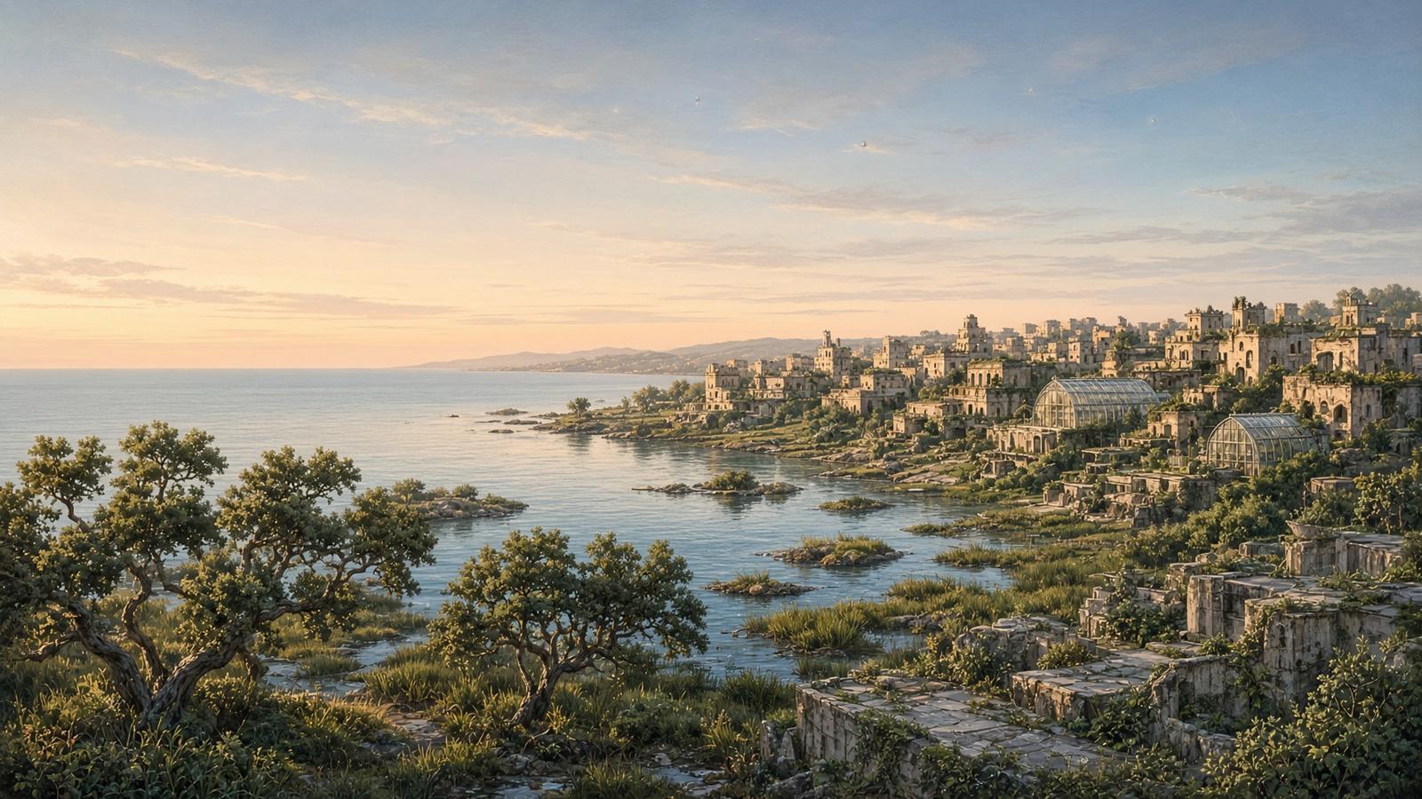 Dawn over a coastal city of tidal gardens, glasshouses, and repaired concrete.